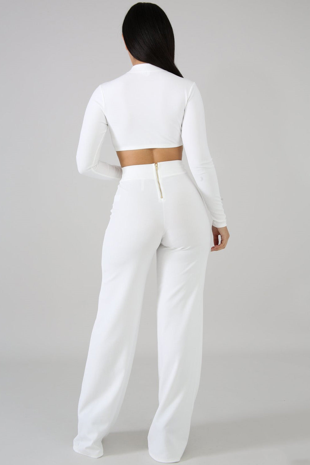 goPals 2 piece white set with long sleeve crop top and wide leg pant.