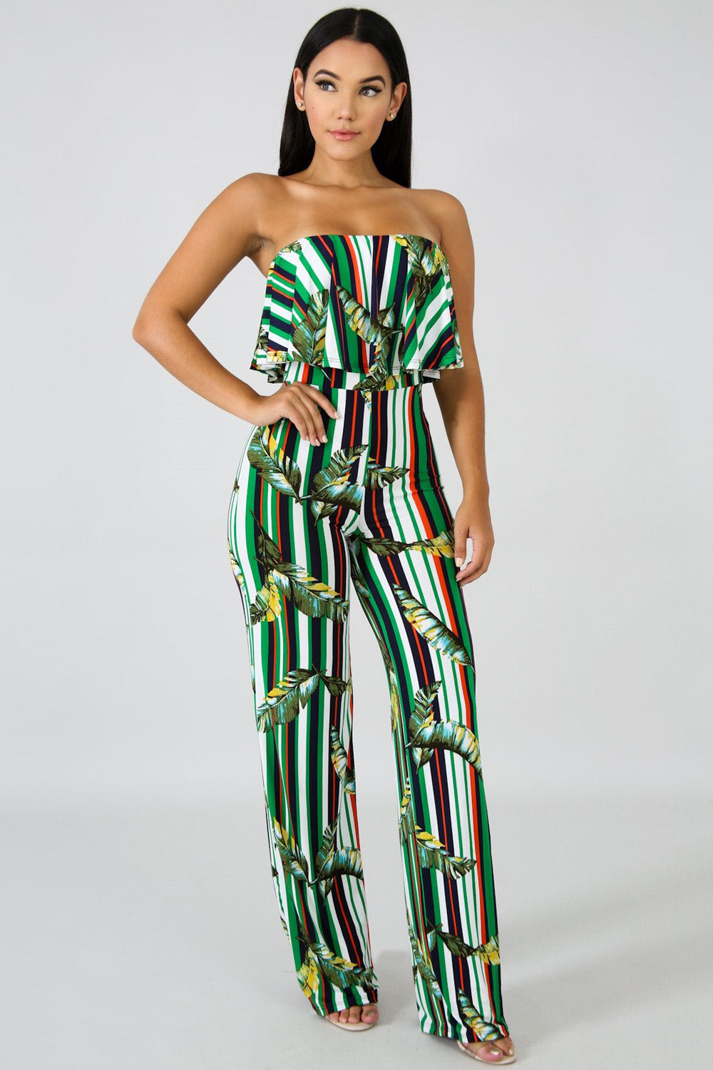 goPals strapless jumpsuit with all over leaf print. 