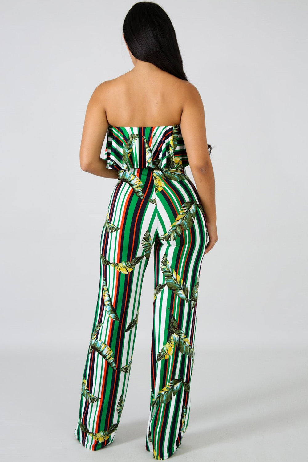 goPals strapless jumpsuit with all over leaf print. 