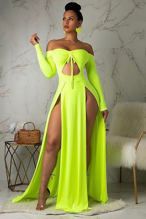 goPals flowy neon green full length gown with hip high slit. 