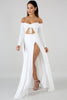 goPals flowy white full length gown with hip high slit. 