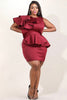 goPals fitted plus size dress with ruffle shoulder and half peplum. 